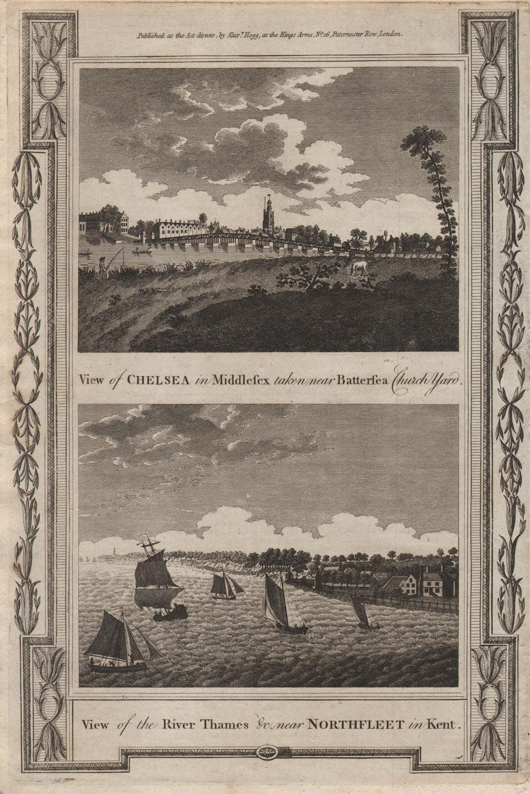 Chelsea with Battersea Bridge & the Old Church. Northfleet, Kent. THORNTON 1784